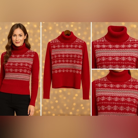 Cozy Red Fair Isle Turtleneck Sweater – Soft Wool Blend with Angora, Size XL - Picture 4 of 8